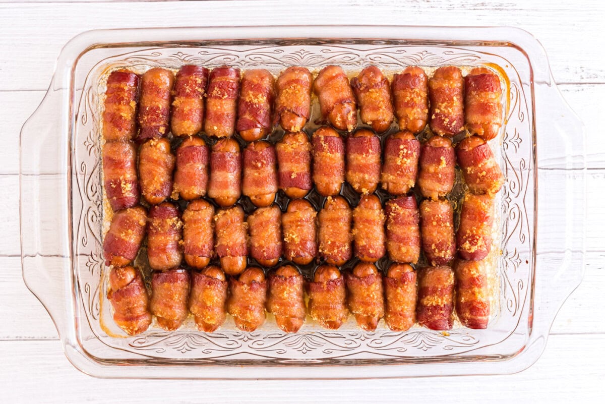 Bacon Wrapped Little Smokies in a pan