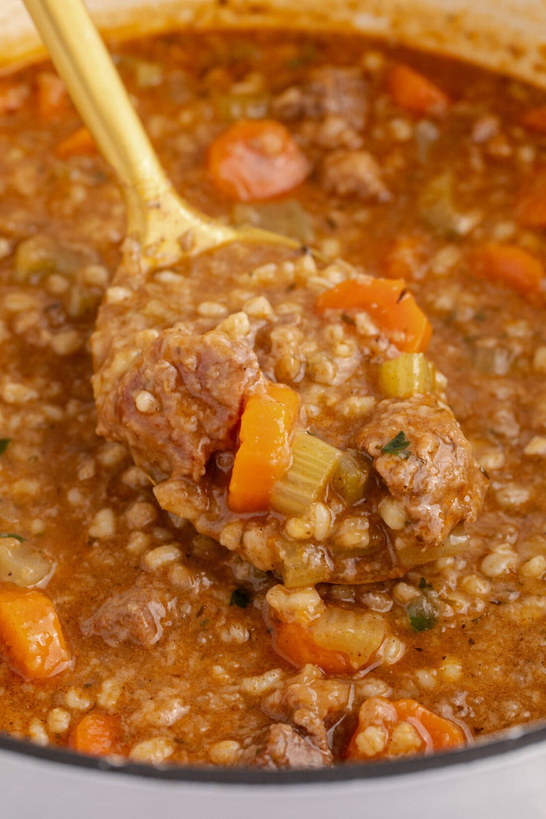 Close up photo of a spoonful of Beef Barley Soup