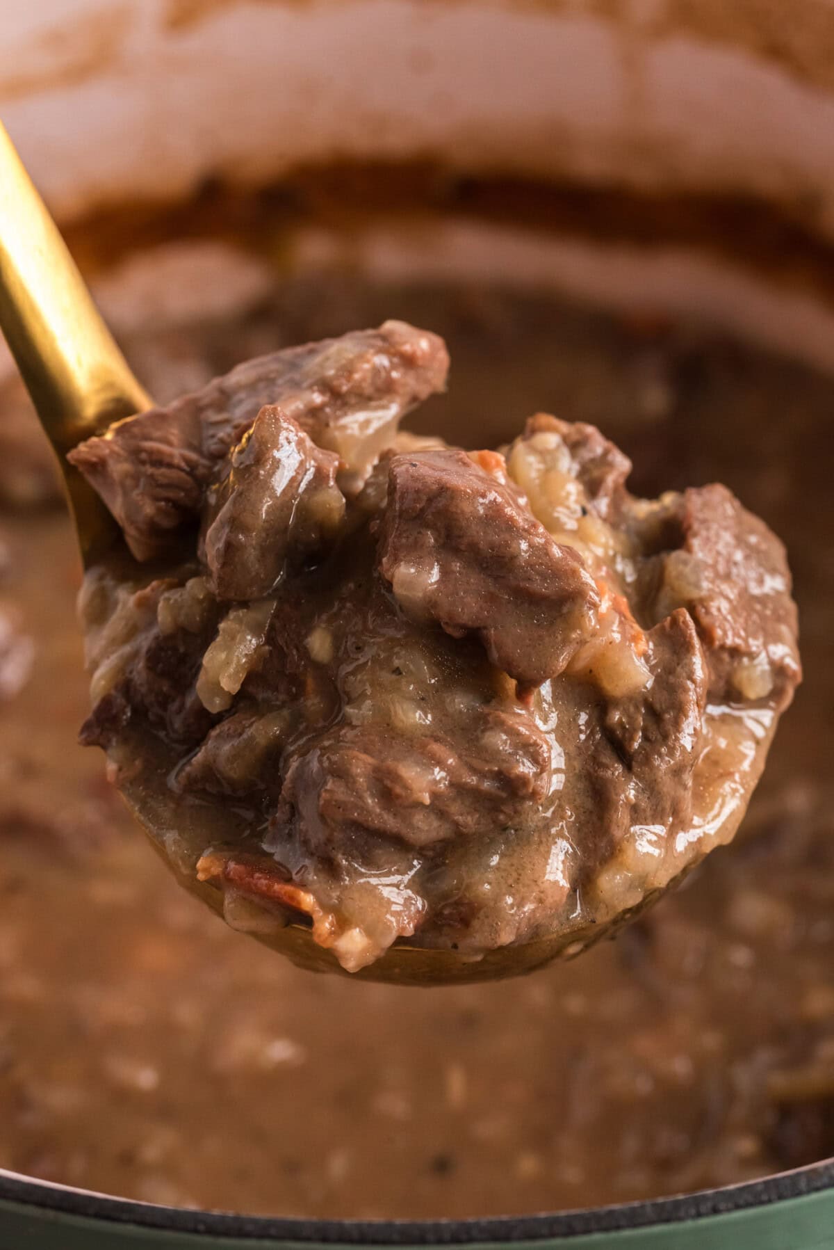 Ladle of Beef Carbonnade being lifted out of a pot