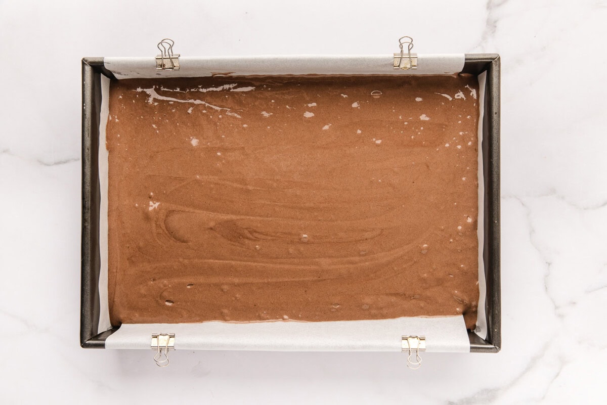 chocolate cake mix in a baking pan