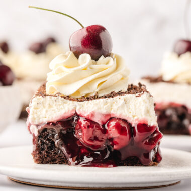 Piece of Black Forest Poke Cake on a plate