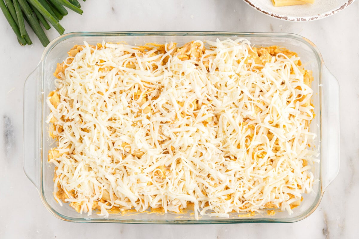 mozzarella cheese on top of buffalo chicken casserole