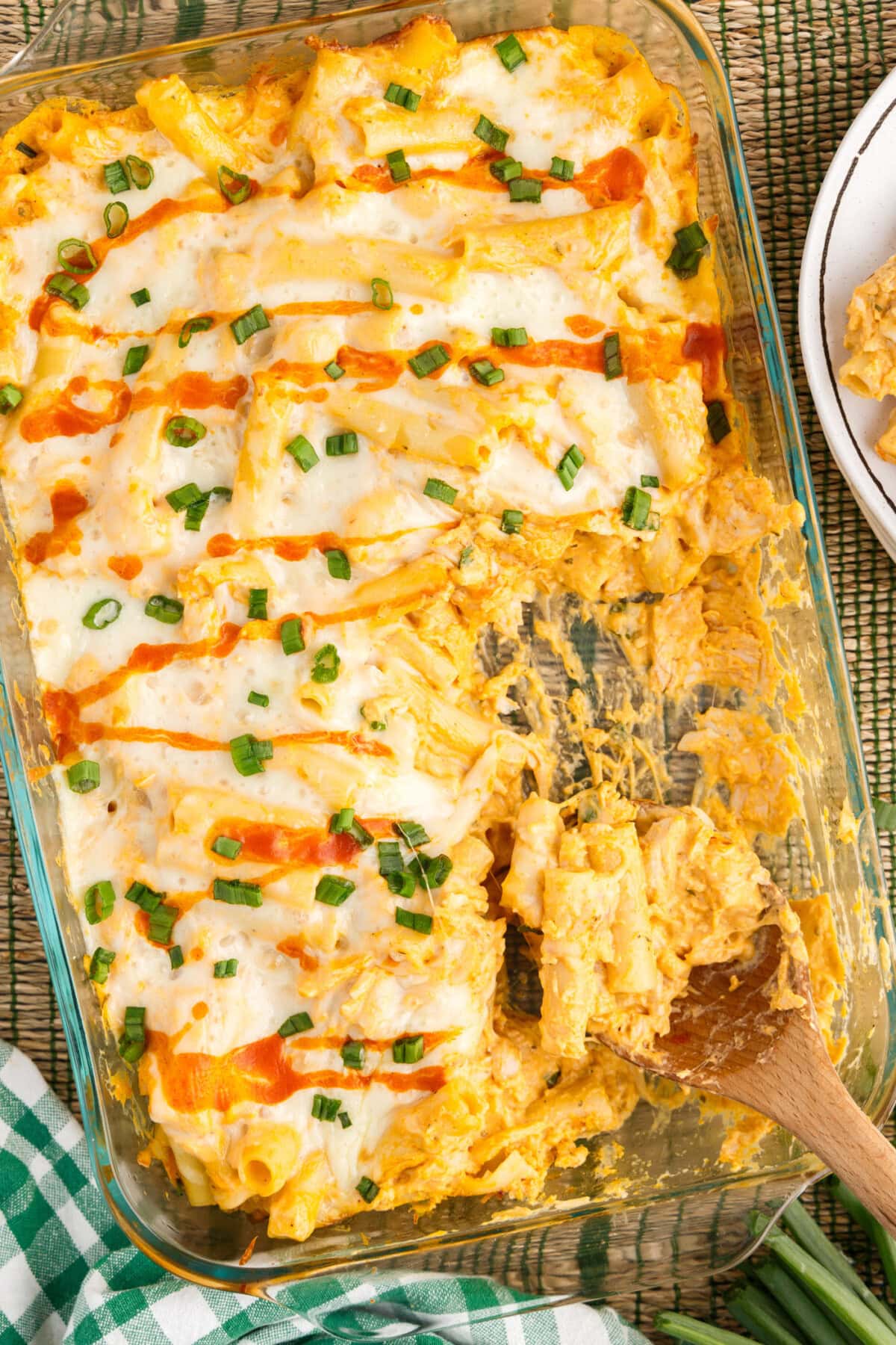 Dish of Buffalo Chicken Casserole with a spoon in it
