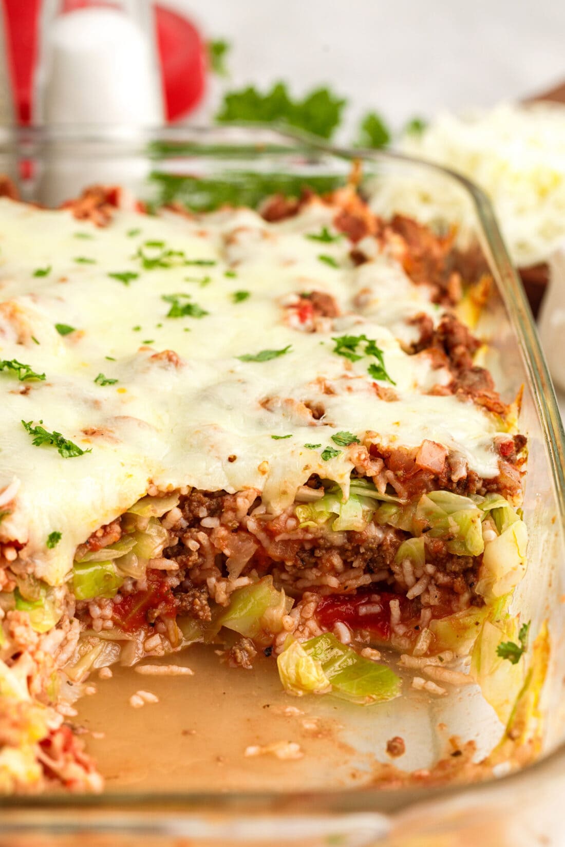 Pan of Cabbage Roll Casserole with a serving removed