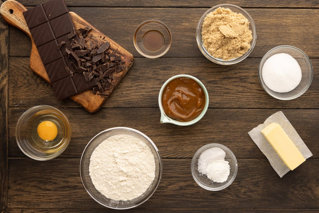 Ingredients for Chocolate Chip Caramel Skillet Cookie