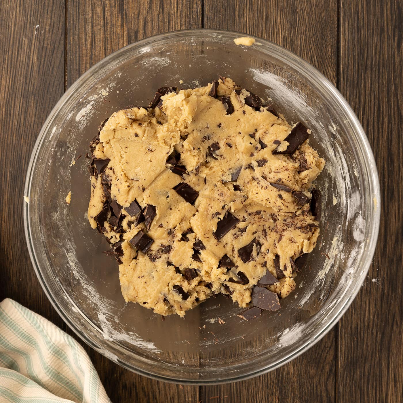 mixed chocolate chip cookie dough in a bowl