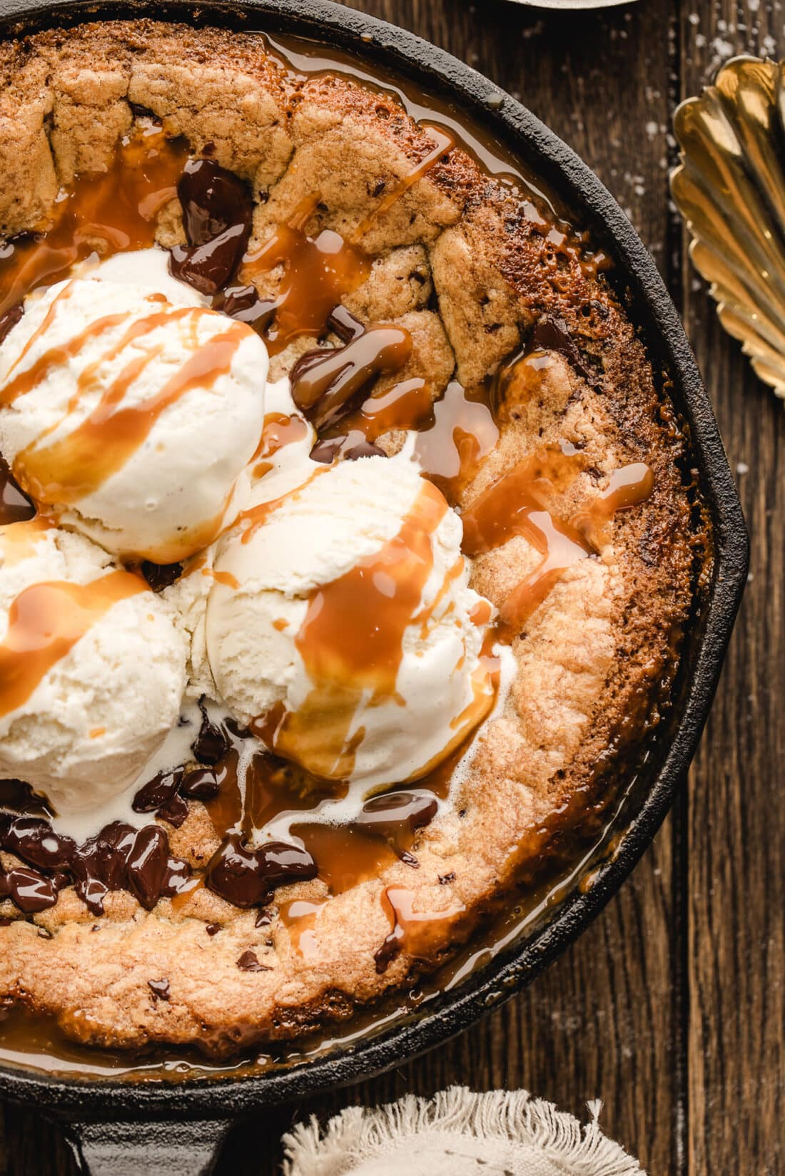 Close up photo of half of a Chocolate Chip Caramel Skillet Cookie