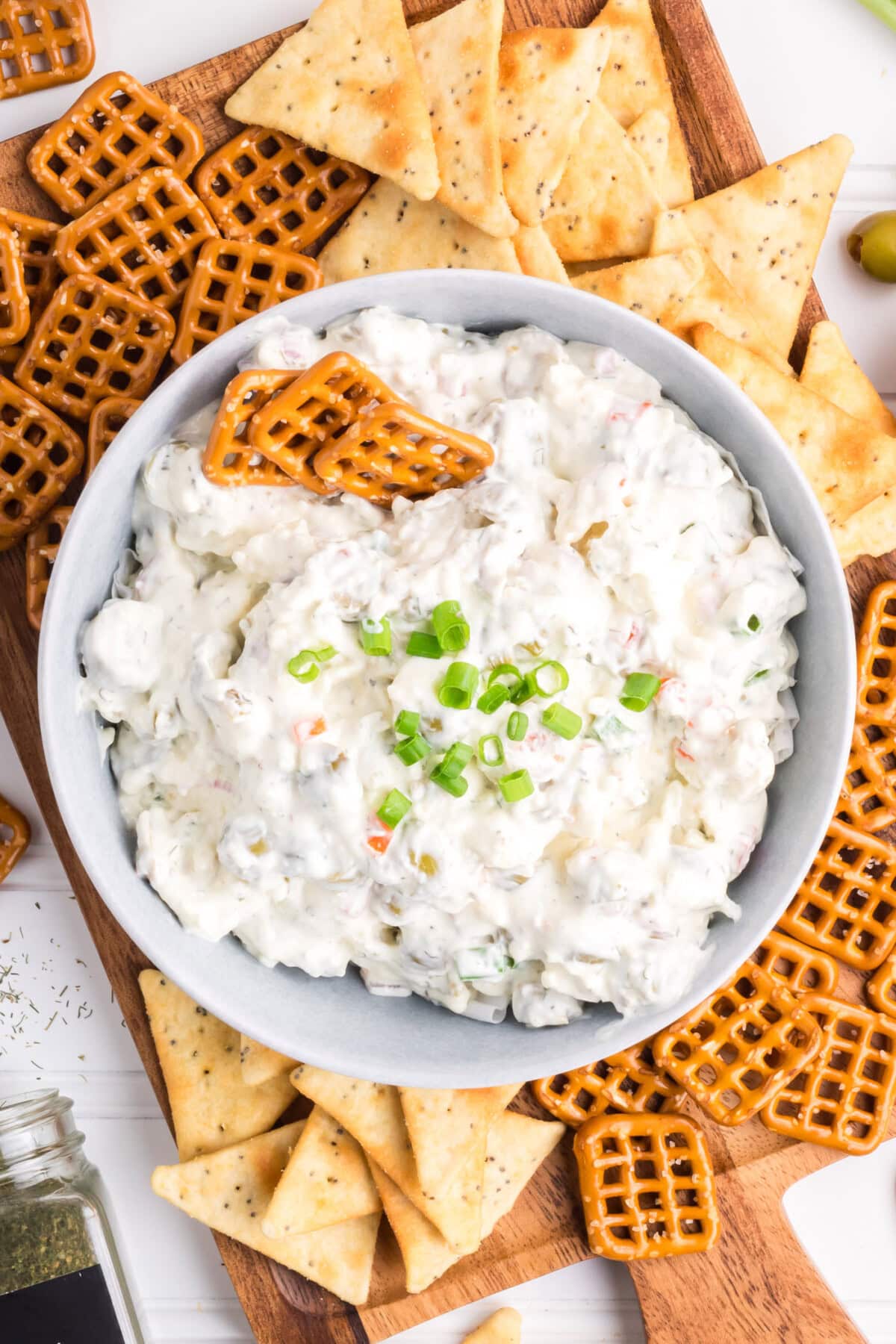 Overhead photo of a bowl of Dirty Martini Dip