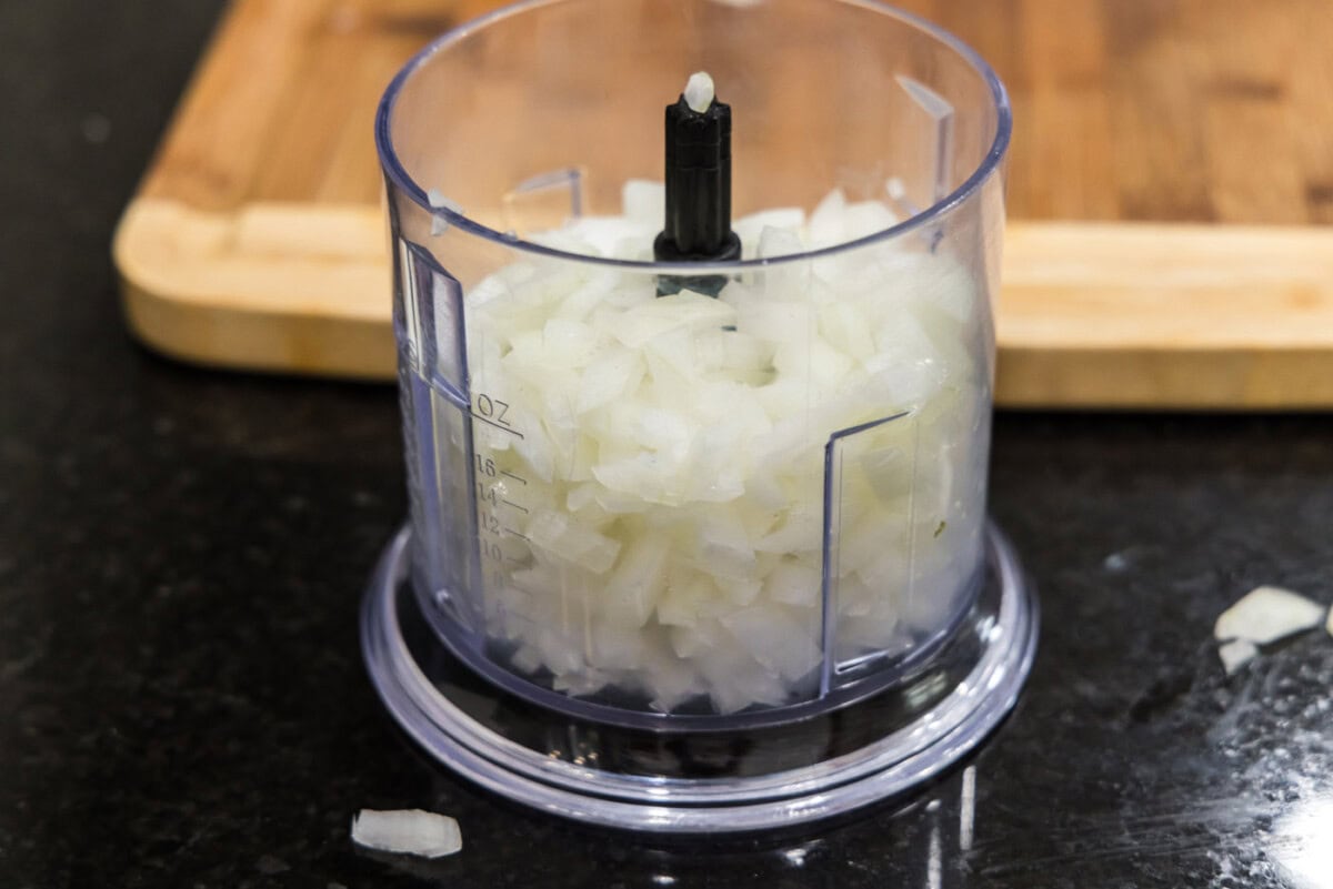 chopped onion in a food processor