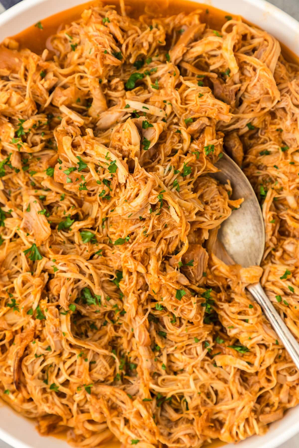 Close up photo of Instant Pot BBQ Chicken with a spoon in it