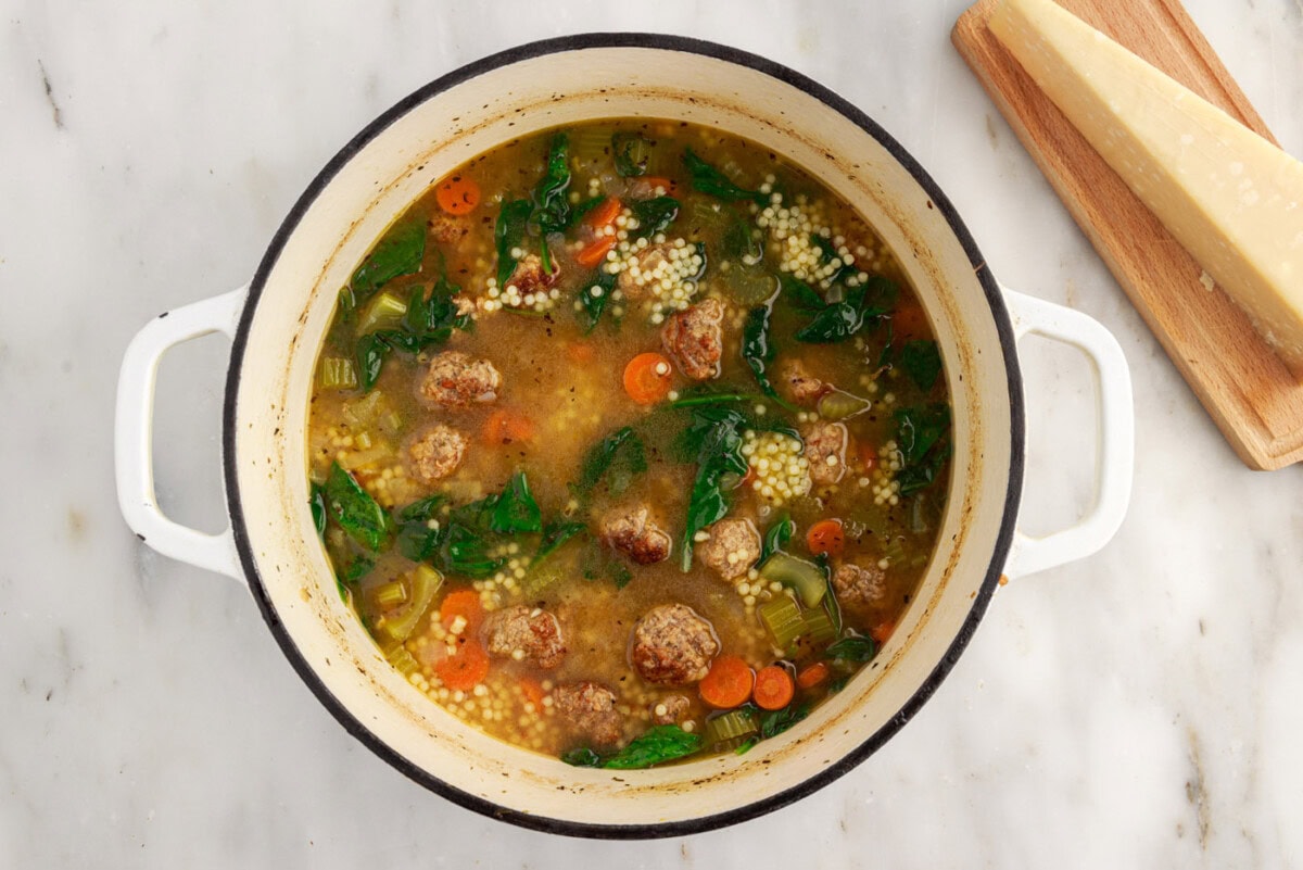 overhead of Italian wedding soup in a stock pot