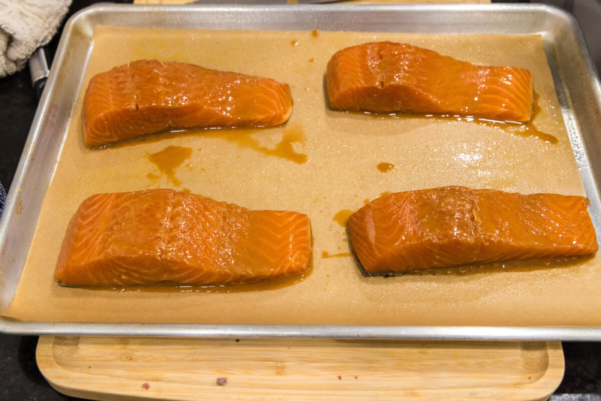 miso salmon on a baking sheet