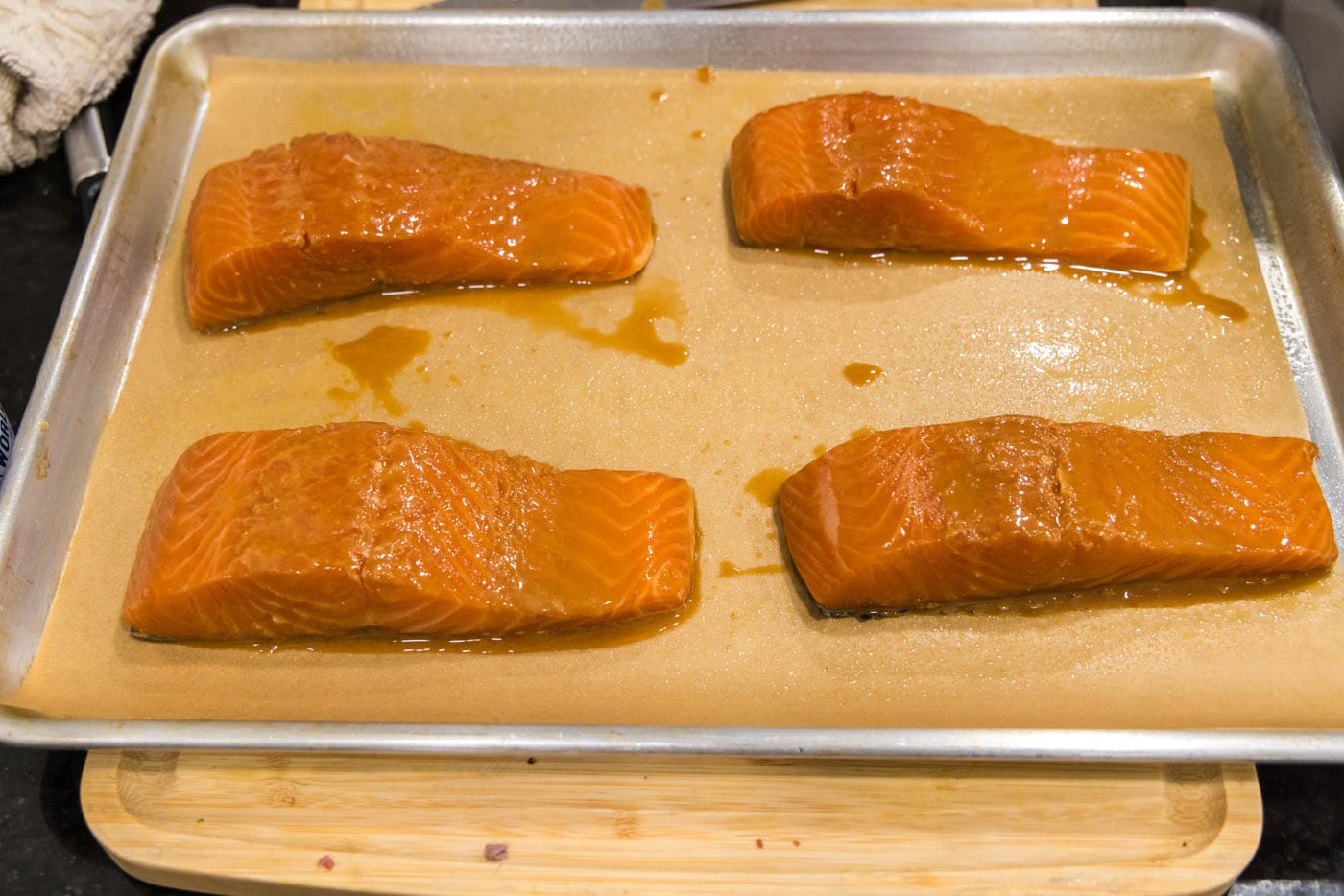 miso salmon on a baking sheet