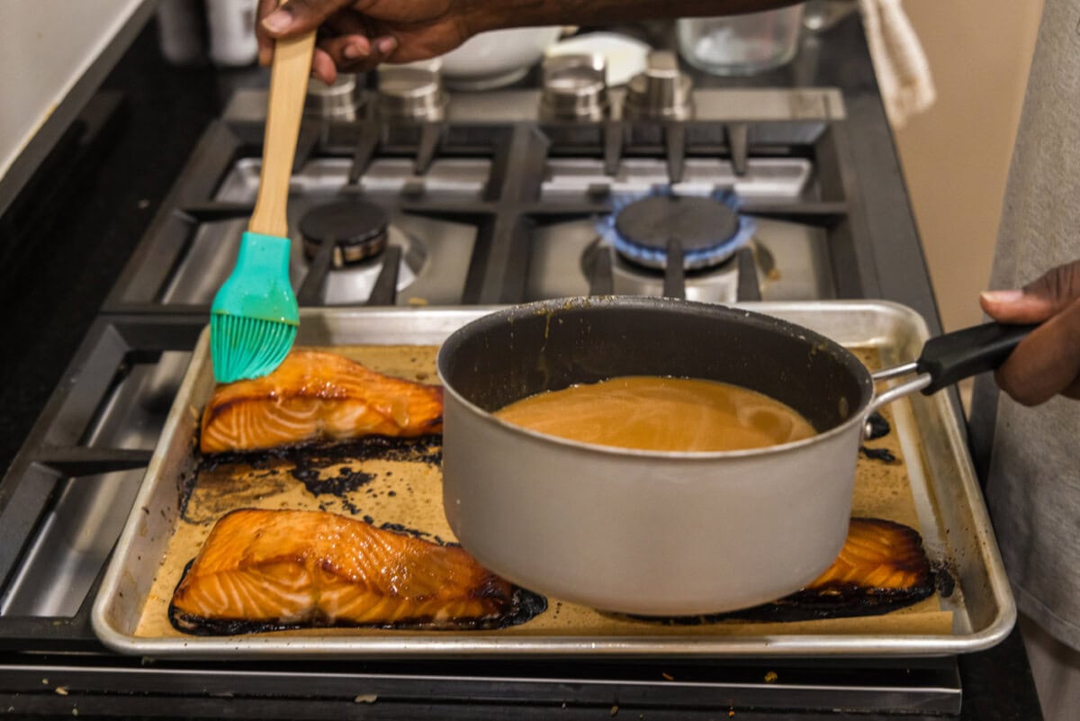 basting salmon fillets with miso glaze