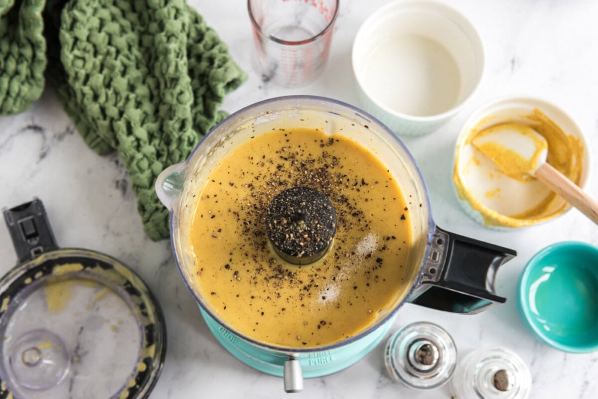 homemade honey mustard dressing in a food processor