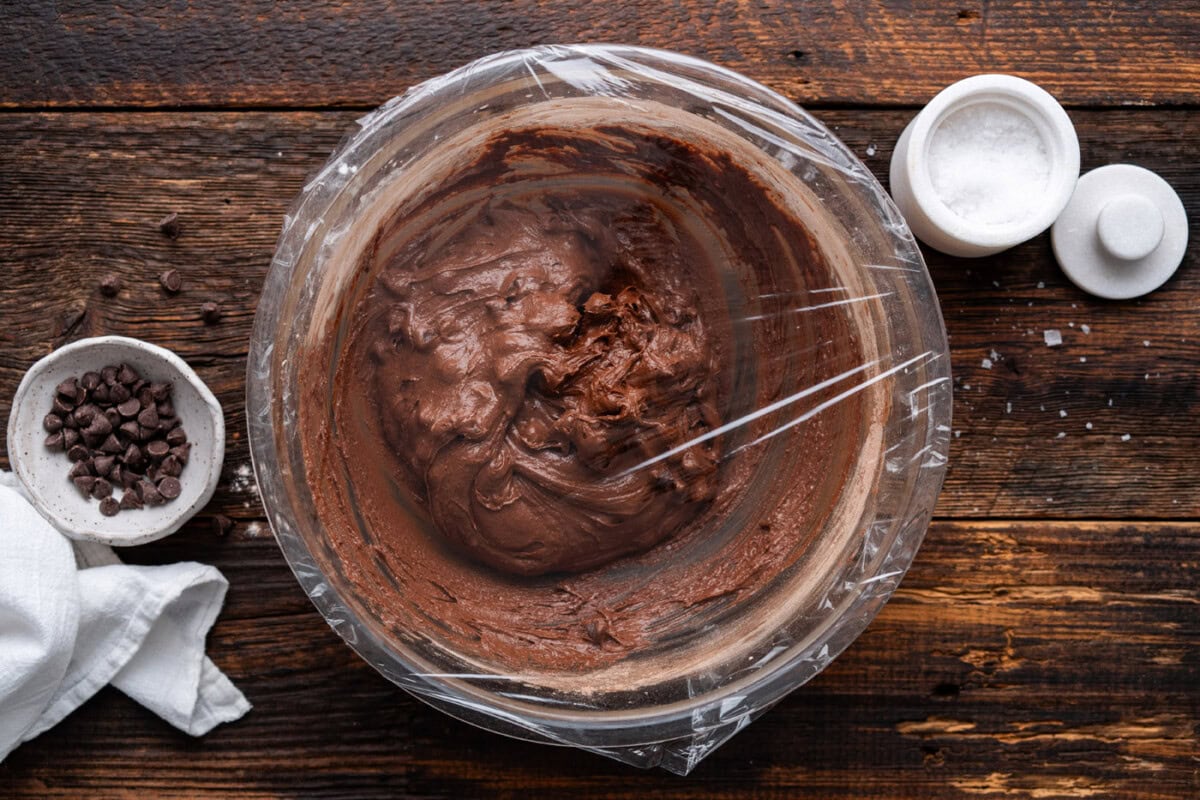 brownie cookie dough covered with plastic wrap