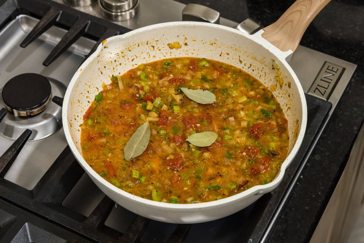 bay leaves in skillet with shrimp creole