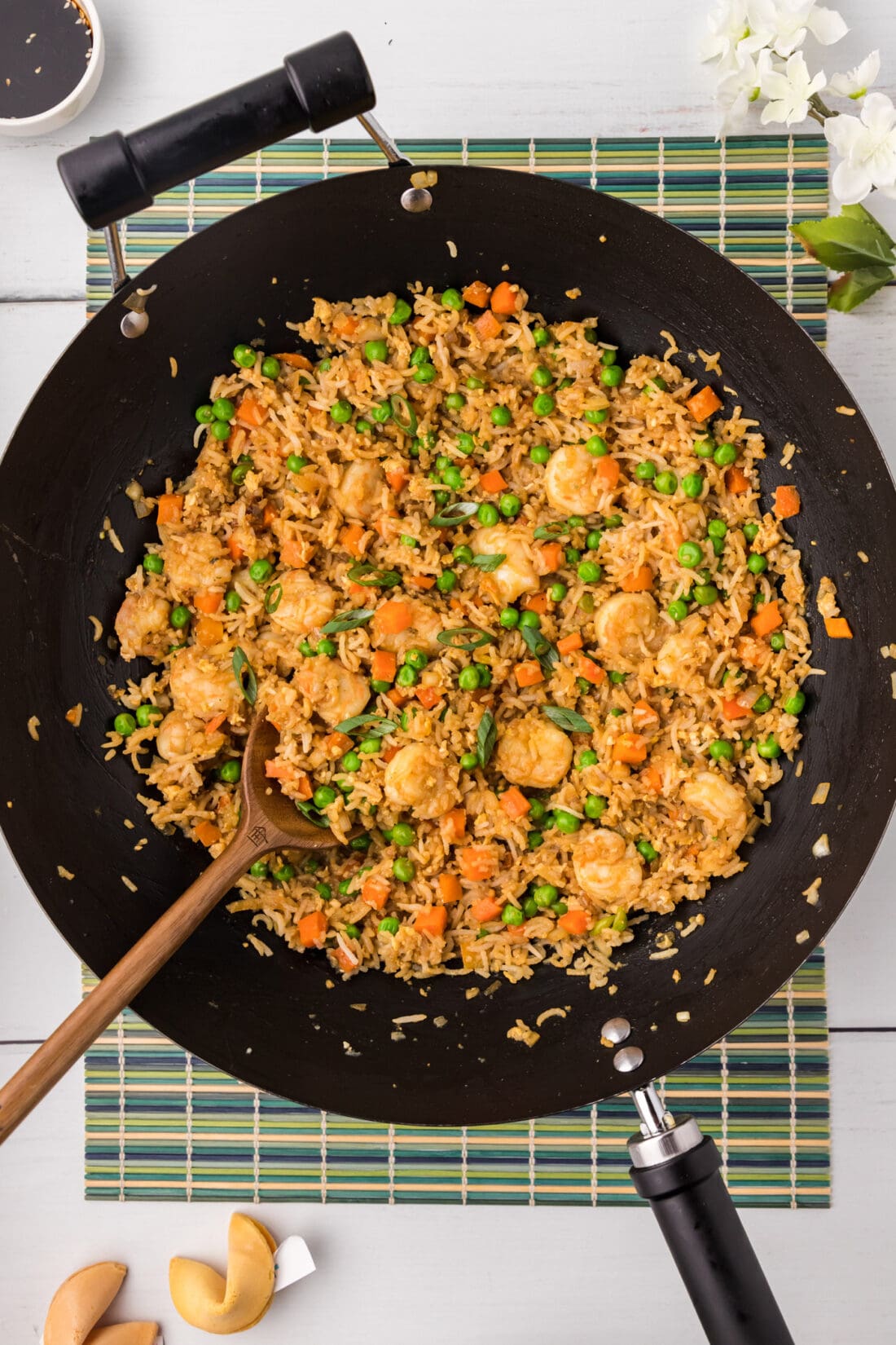Shrimp Fried Rice in a wok with a spoon