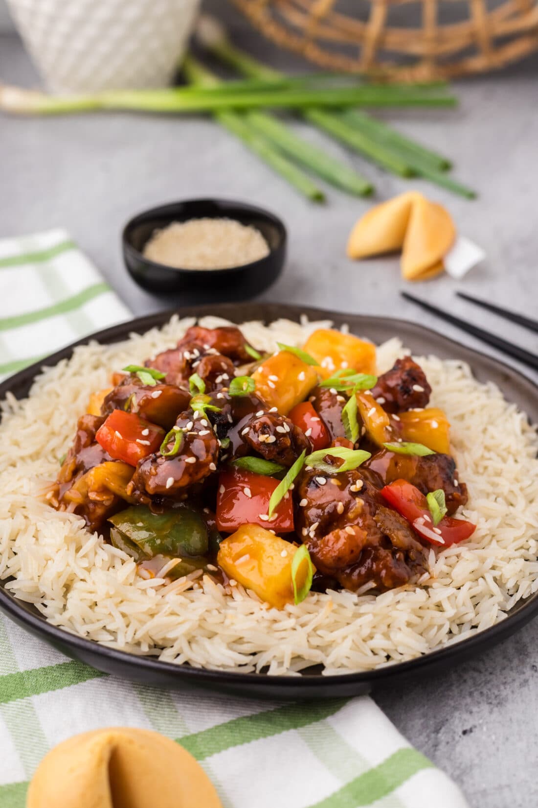 Plate of Sweet and Sour Pork and rice on a plate
