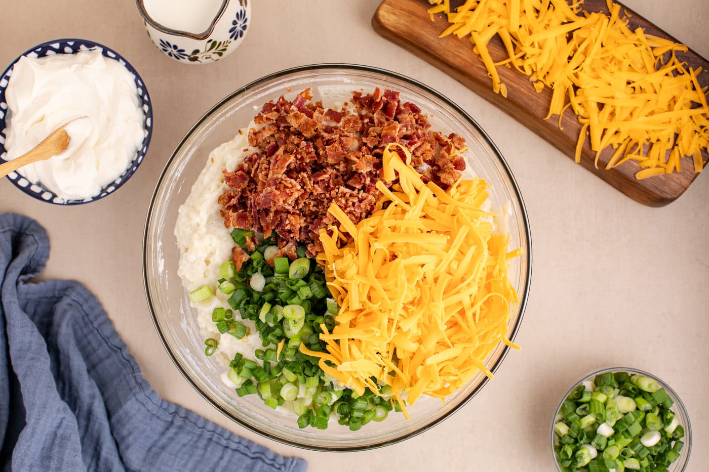 bacon, cheese, and green onion added to twice baked potato filling
