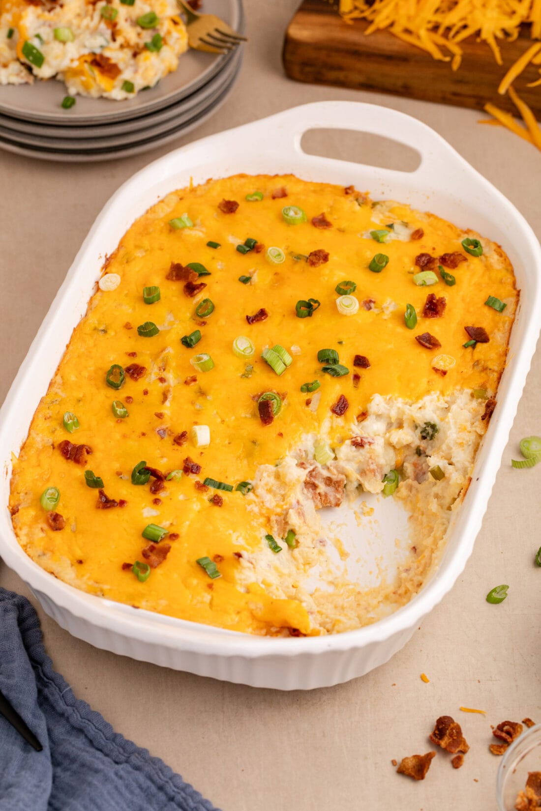 Twice Baked Potato Casserole with a serving removed