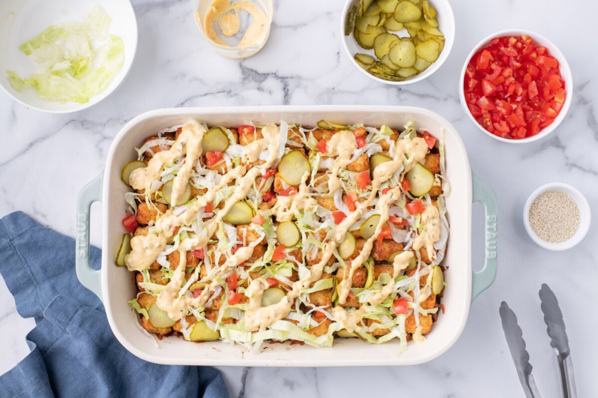 overhead of finished Big Mac casserole