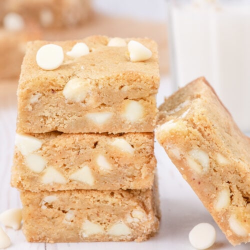 Three Blondies stacked with one resting on the side