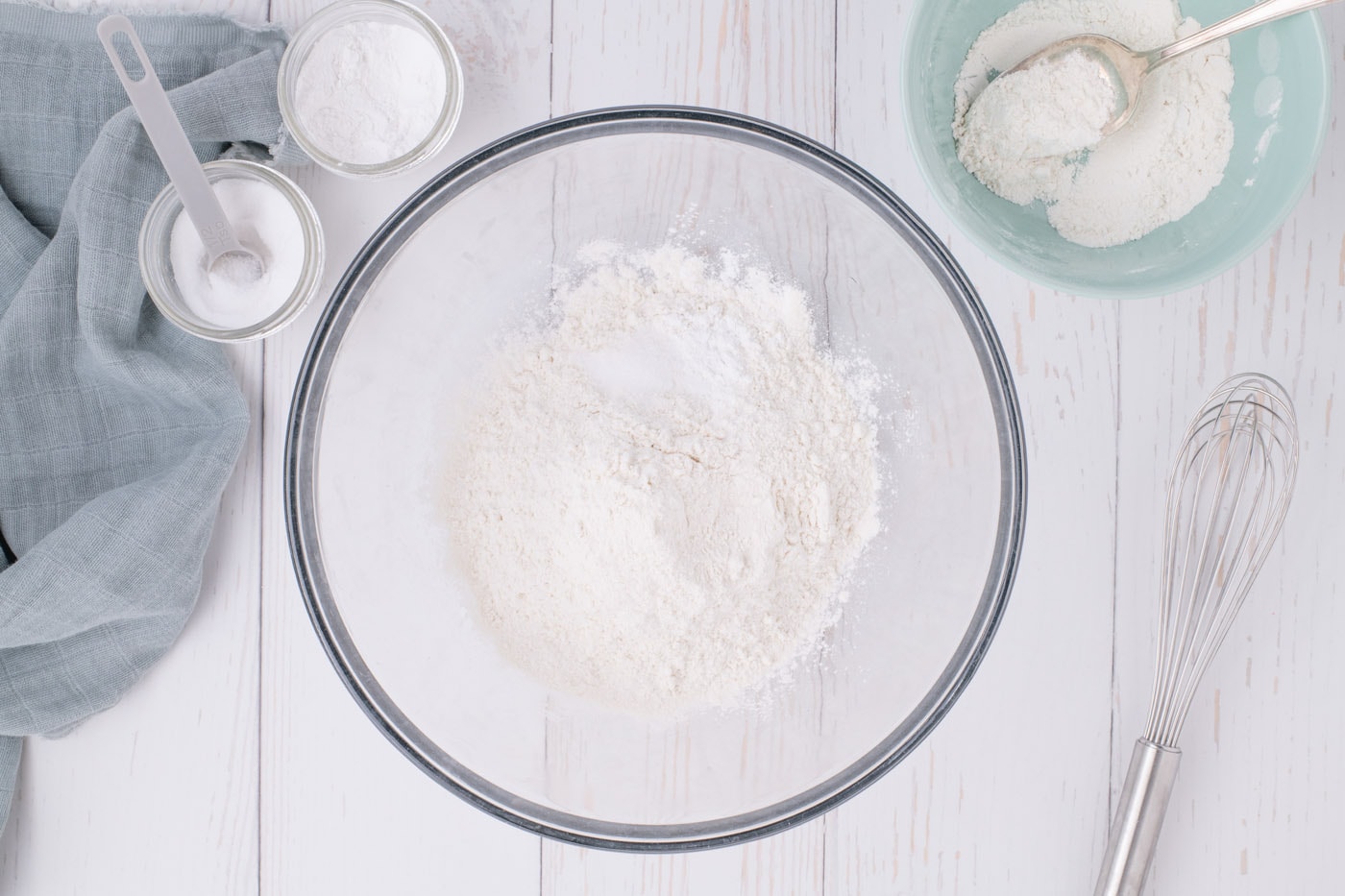 flour, baking powder, and salt mixed in a bowl