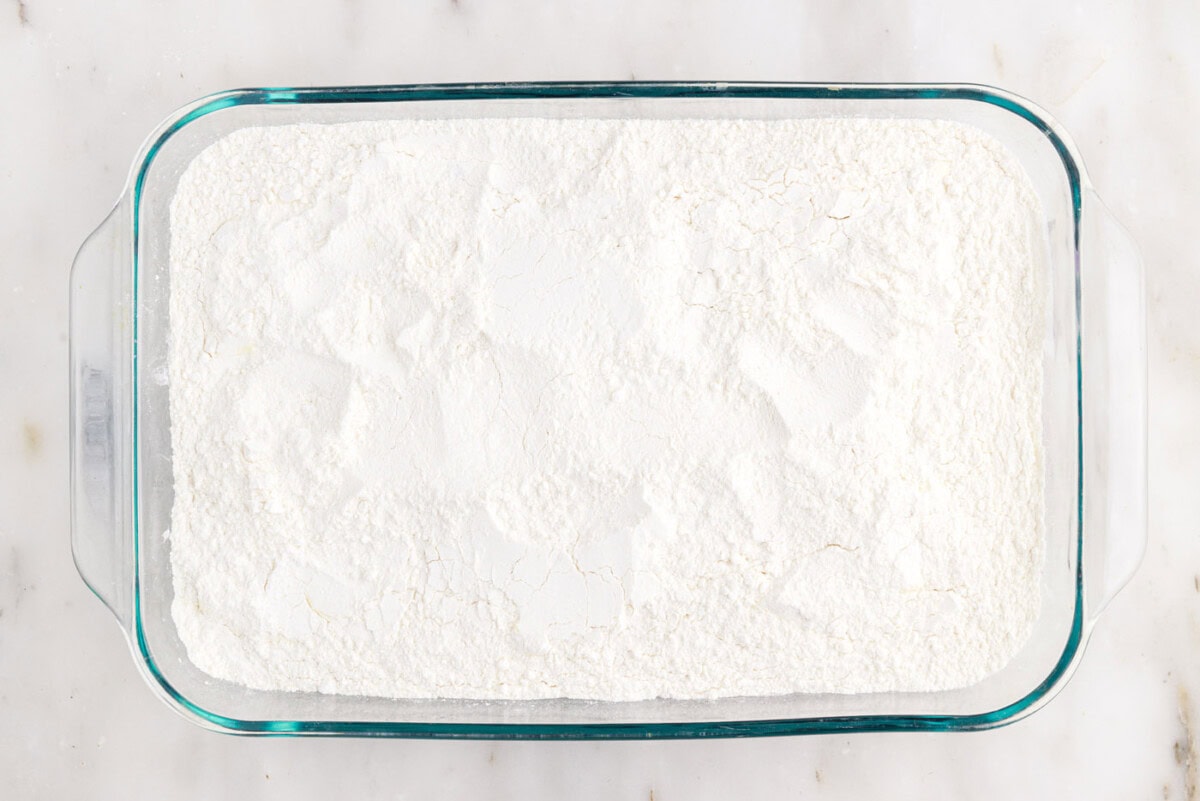 cake mix in a baking dish