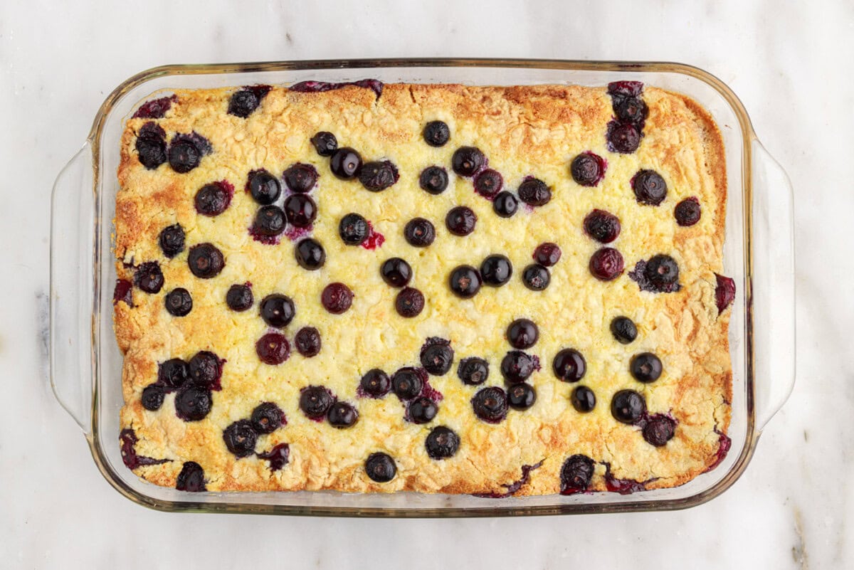 overhead of baked blueberry dump cake