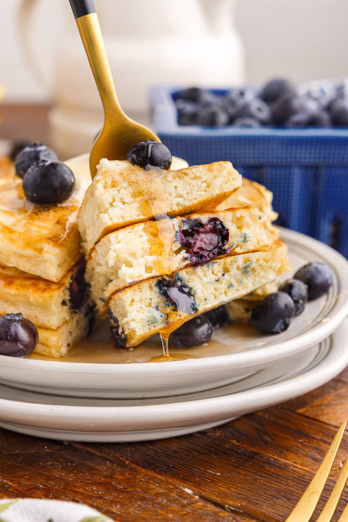 Pieces of Blueberry Pancakes on a fork