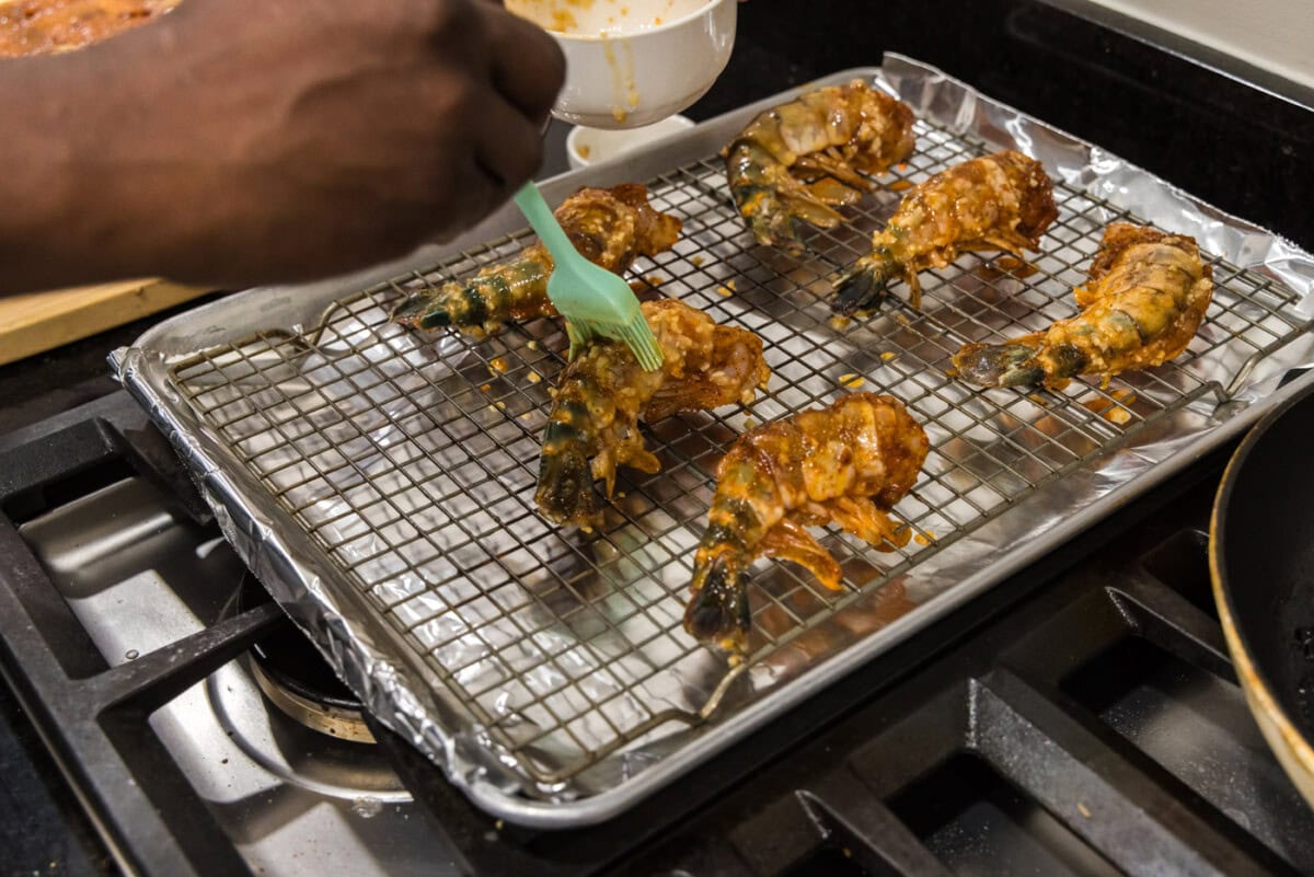 basting colossal shrimp with garlic butter
