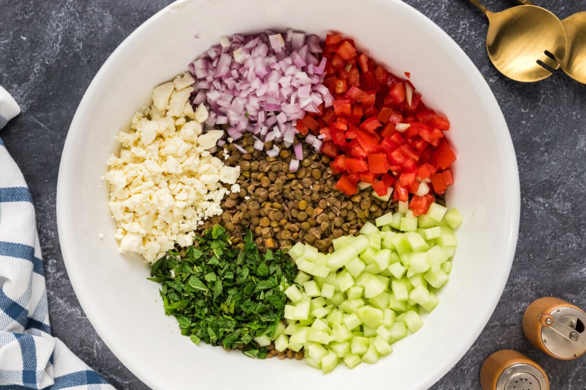 lentils, roma tomatoes, shallots, cucumber, feta, and fresh mint in a bowl