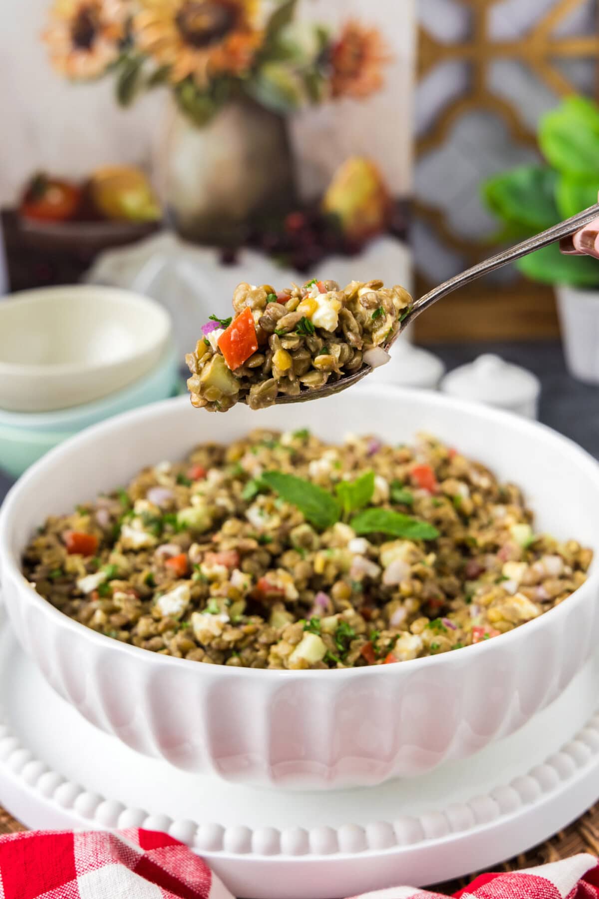 Spoonful of Lentil Salad being lifted out of a bowl of Lentil Salad