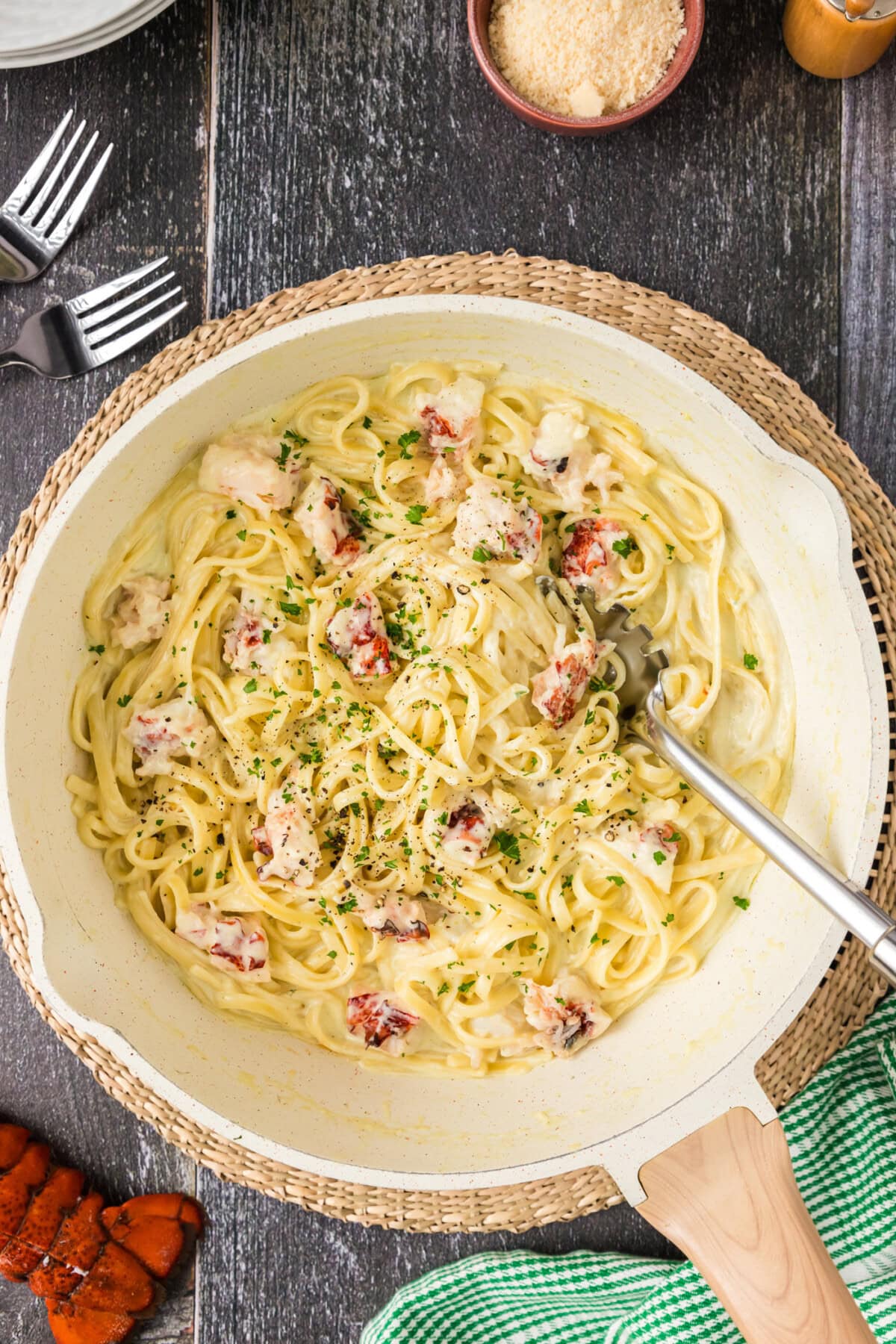 Overhead photo of Lobster Pasta in a skillet