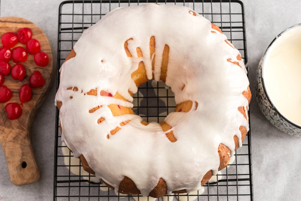 almond glaze on top of cherry bundt cake