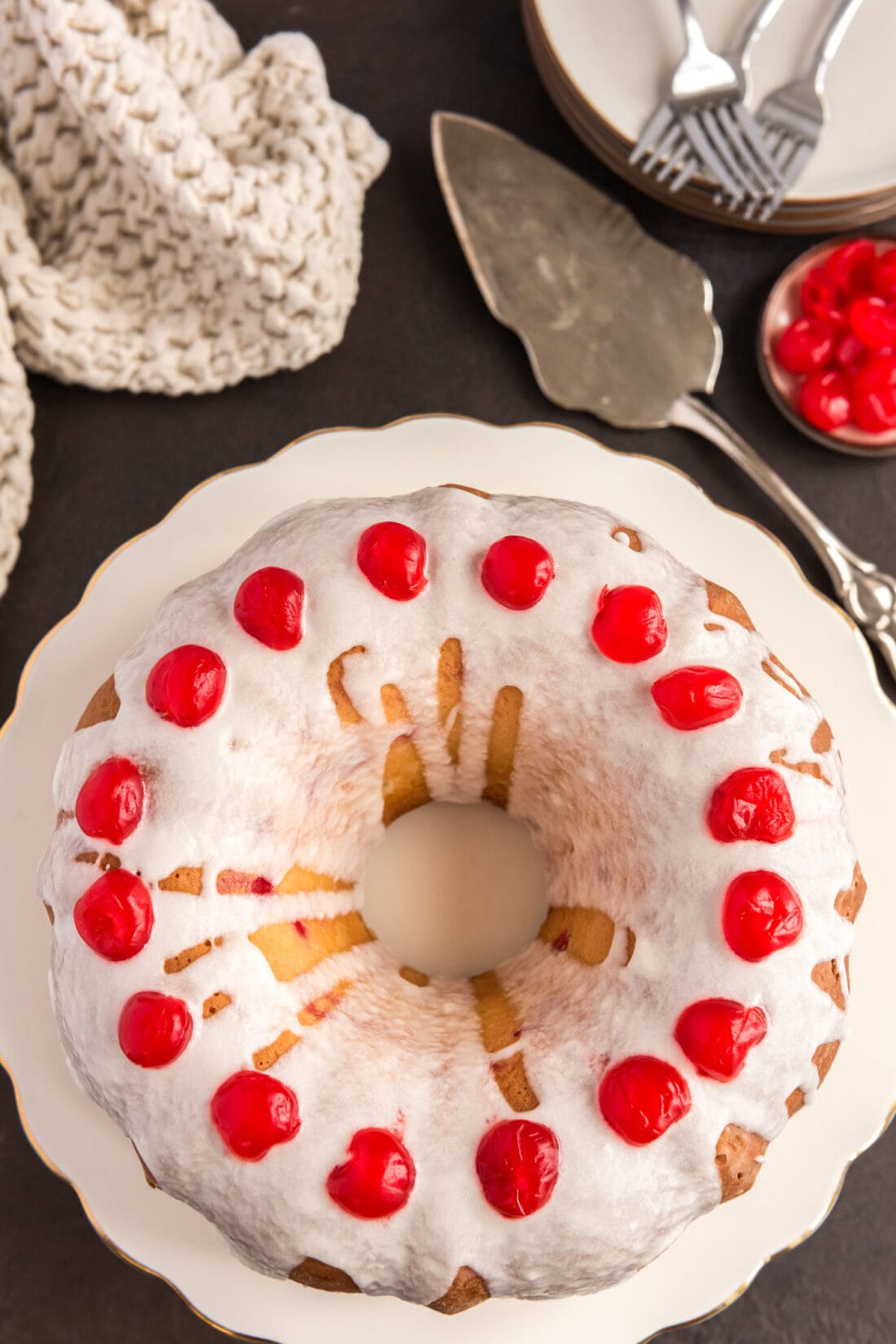 Overhead photo of a Maraschino Cherry Bundt Cake