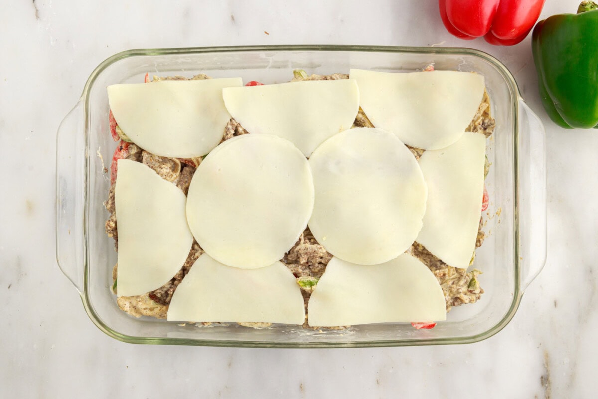 provolone cheese on top of Philly Cheesesteak Casserole
