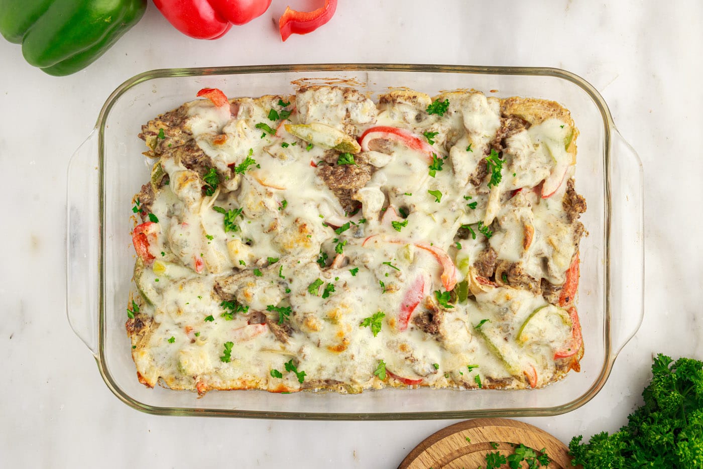 Overhead of easy Philly cheesesteak casserole