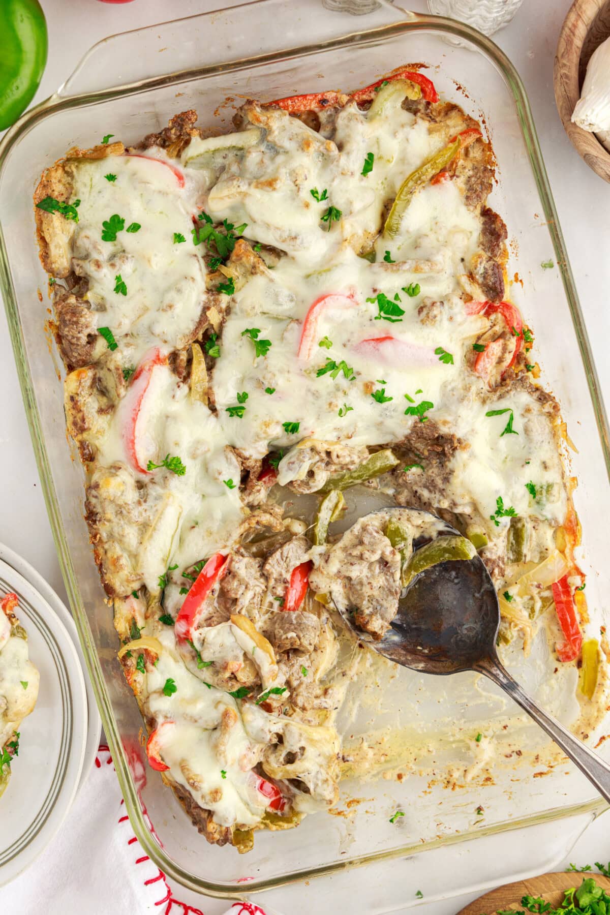 Philly Cheesesteak Casserole with a spoon in it