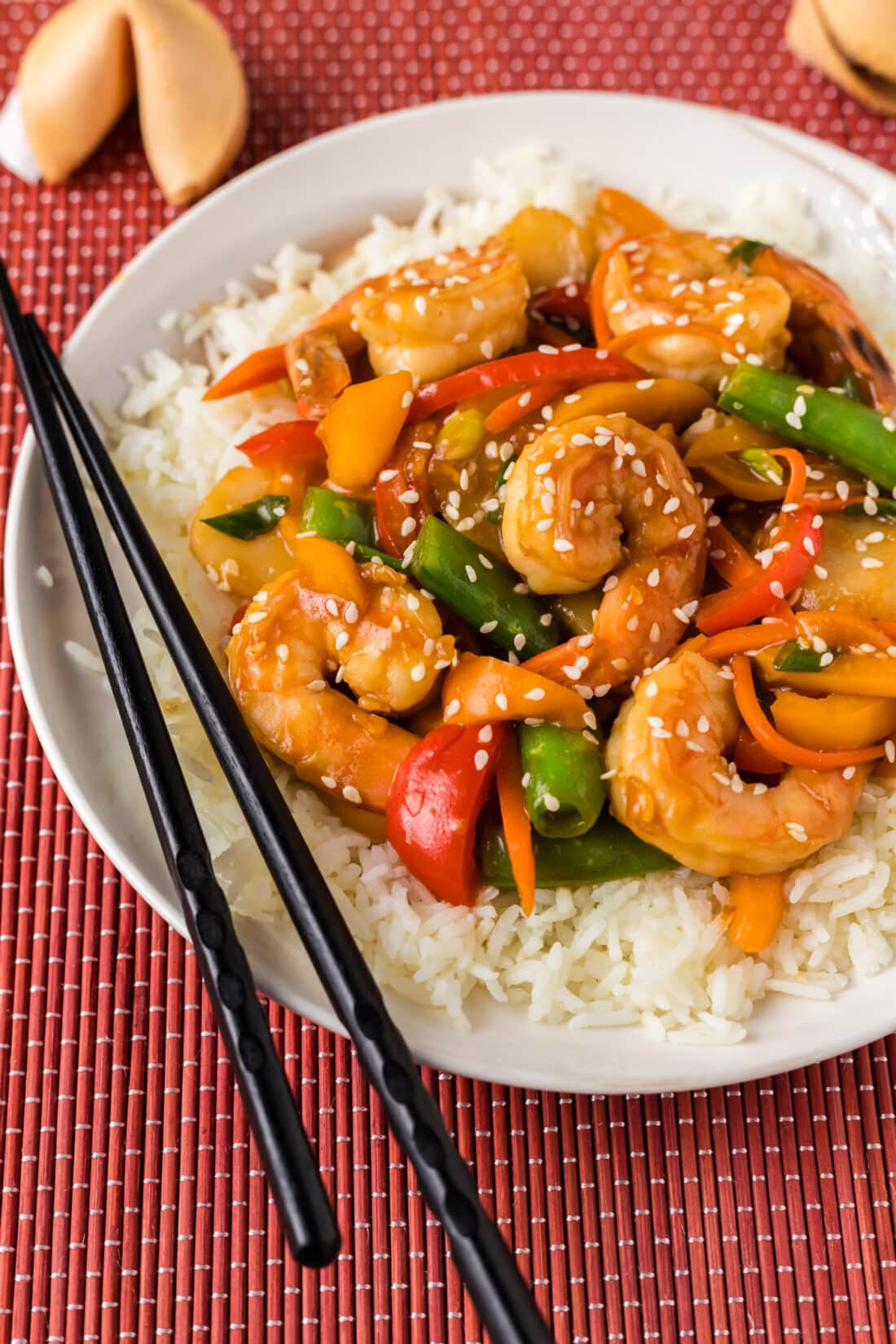 Close up photo of Shrimp Stir Fry on a plate served over rice