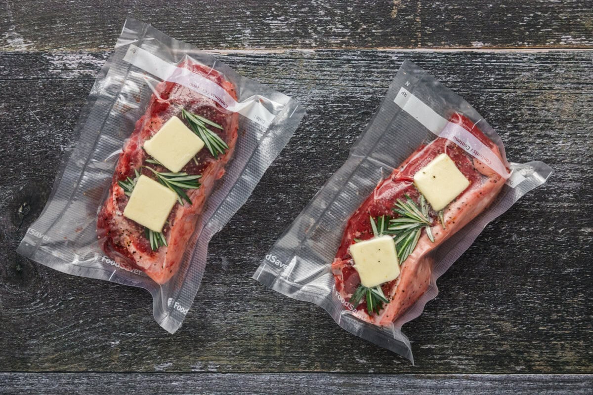 vacuum sealed New York strip steaks