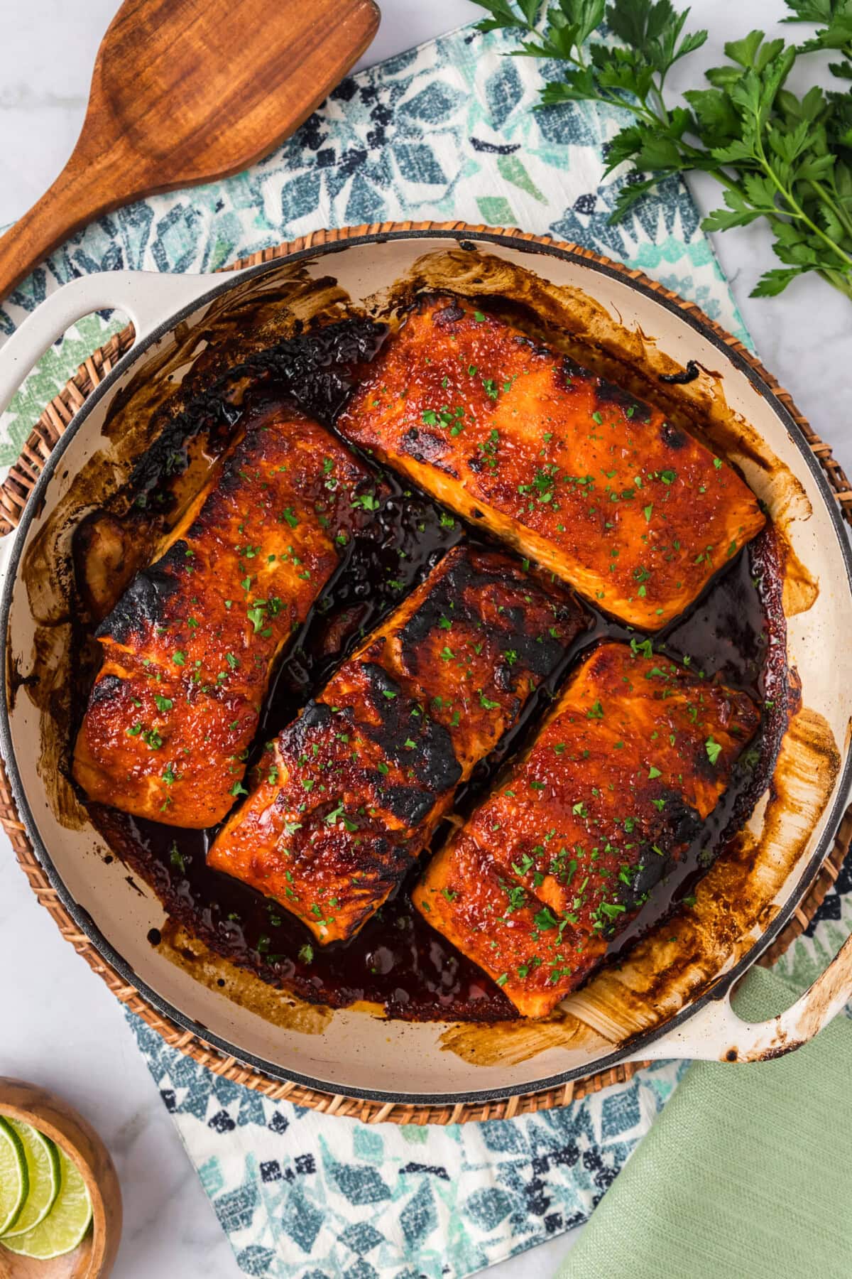 Spicy Salmon filets in a skillet