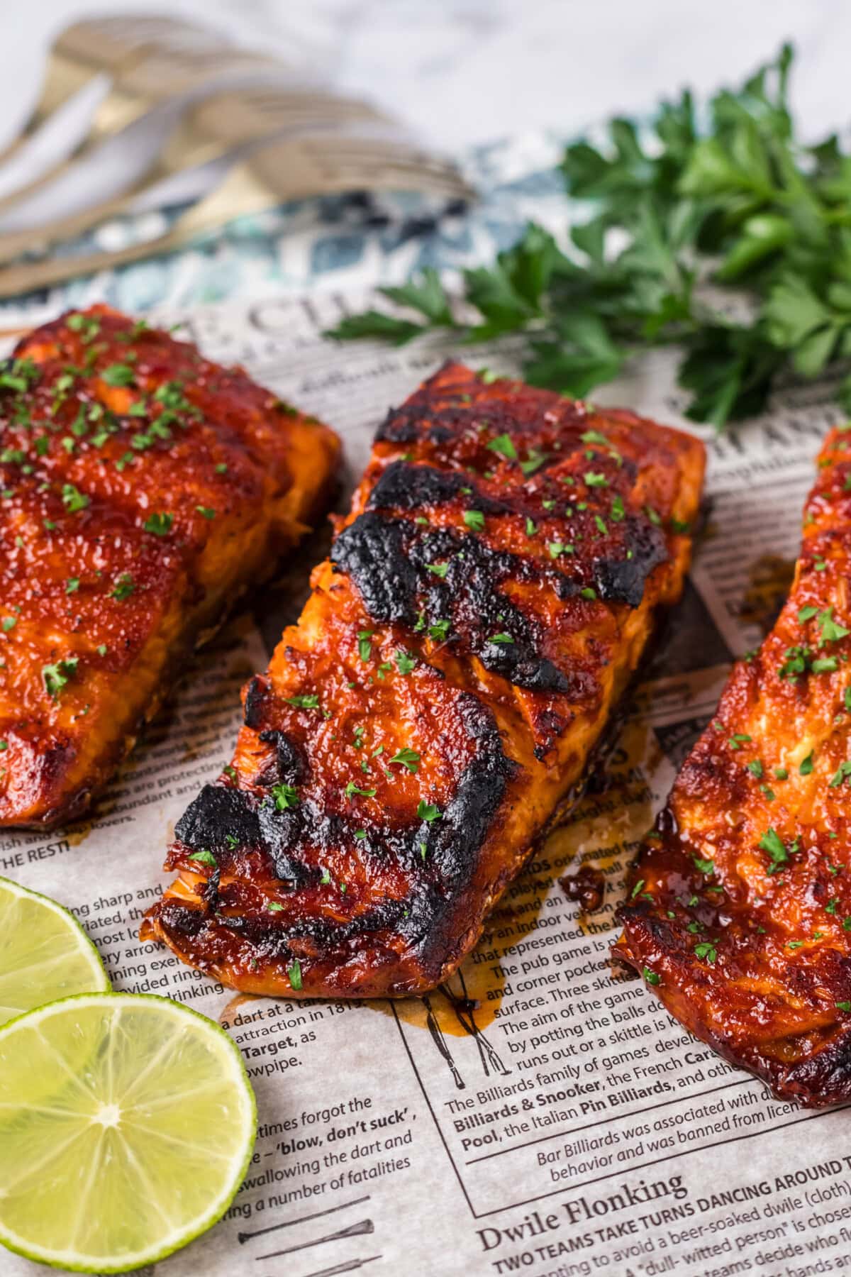 Close up photo of Spicy Salmon on parchment paper