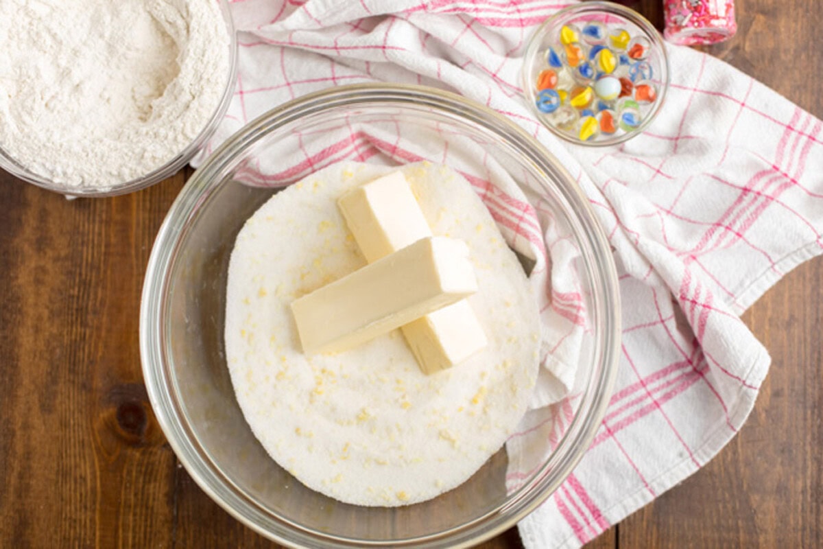 Sugar mixture and butter in a bowl