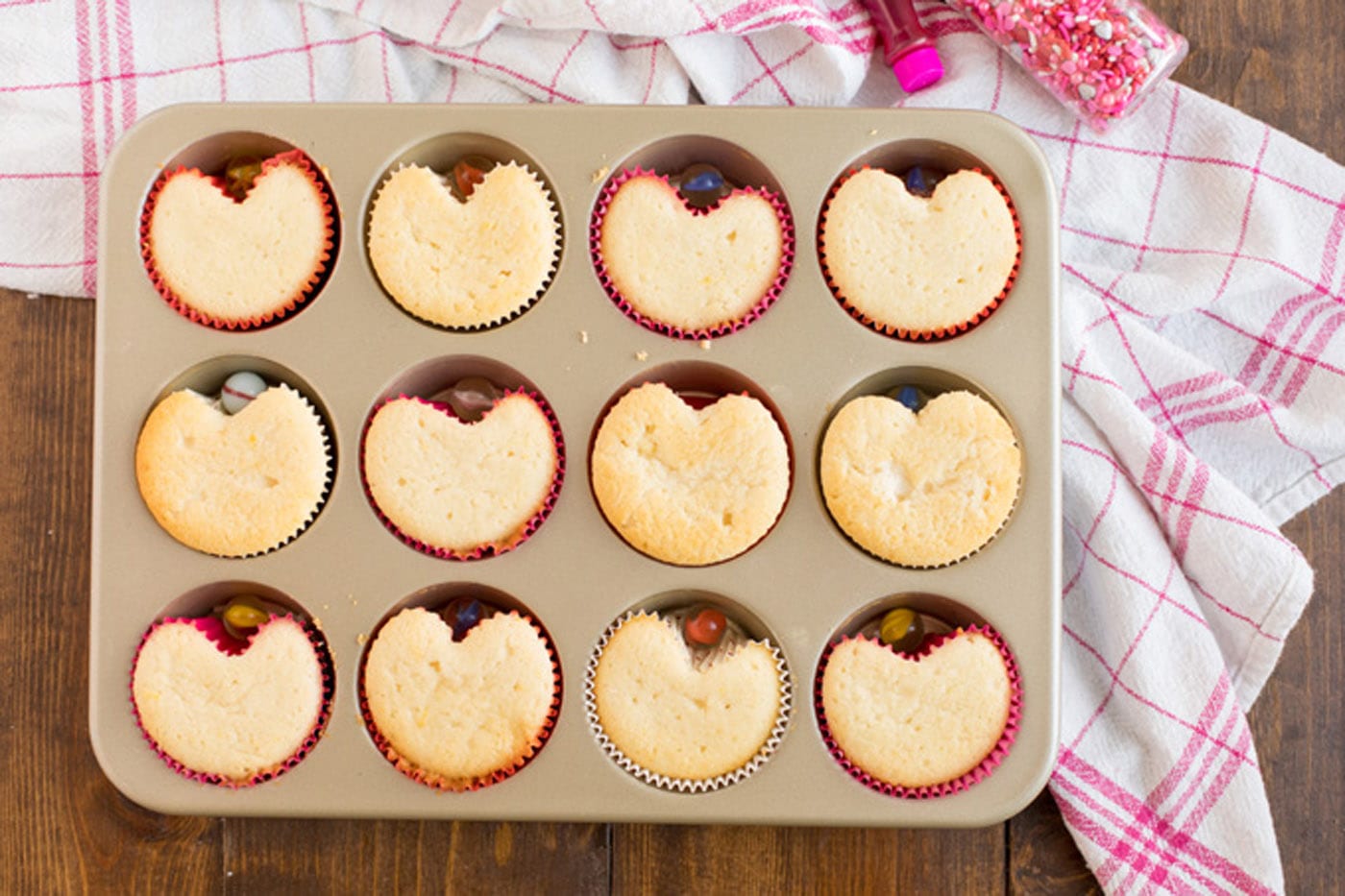 Baked Valentine Heart Cupcakes in a muffin pan