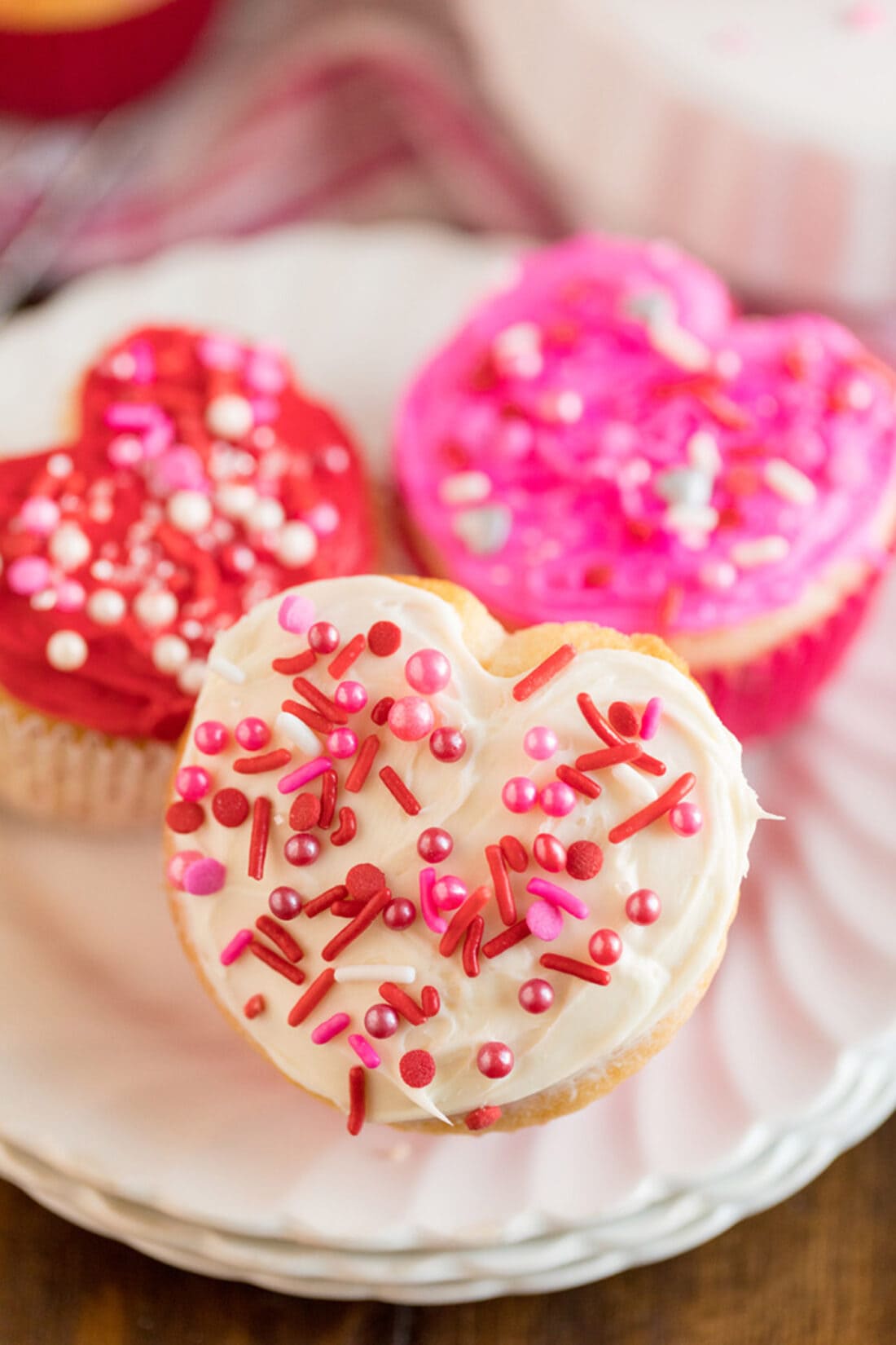 Three Valentine Heart Cupcakes on a white plate