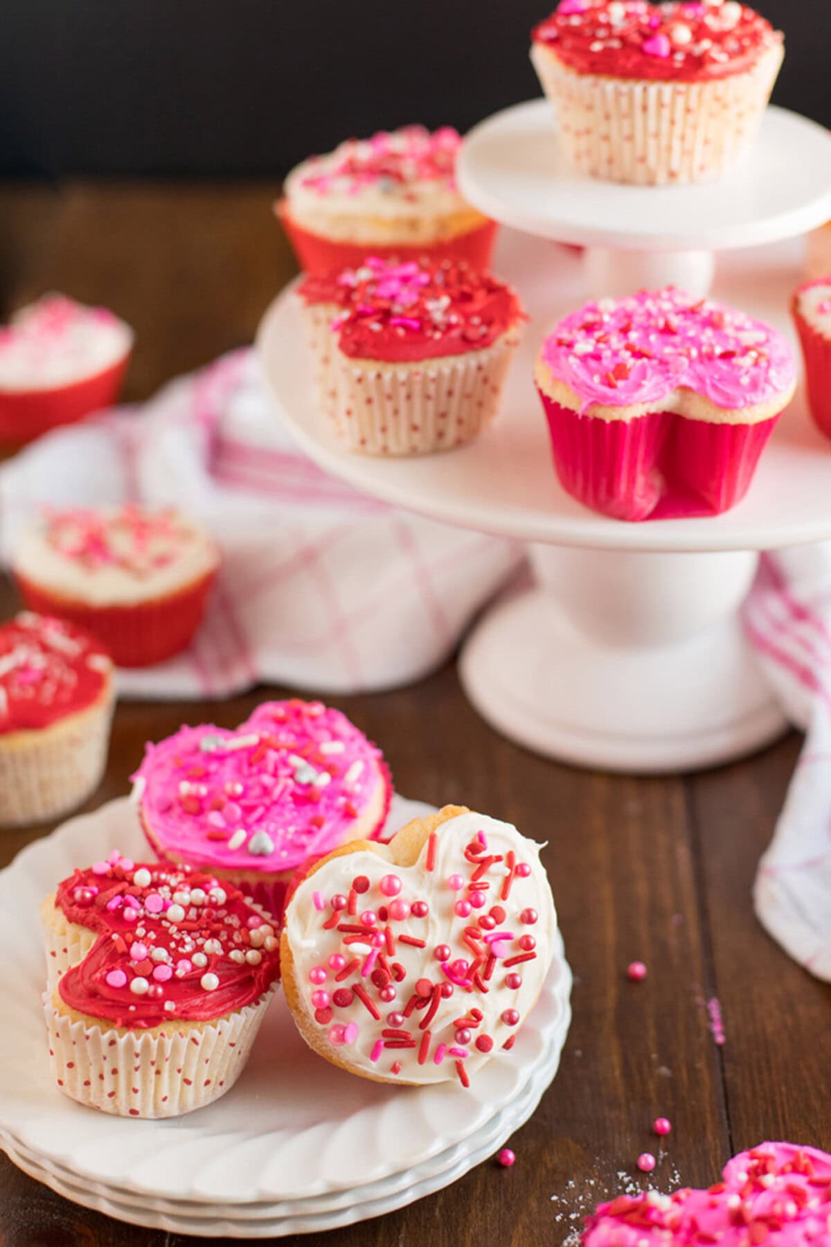 Valentine Heart Cupcakes on a plate with other cupcakes in the background