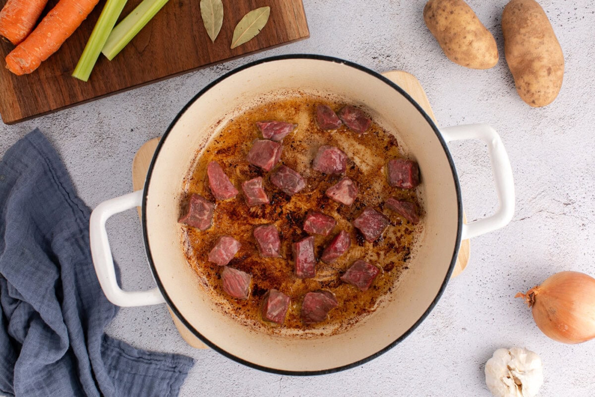browning stew beef in a dutch oven