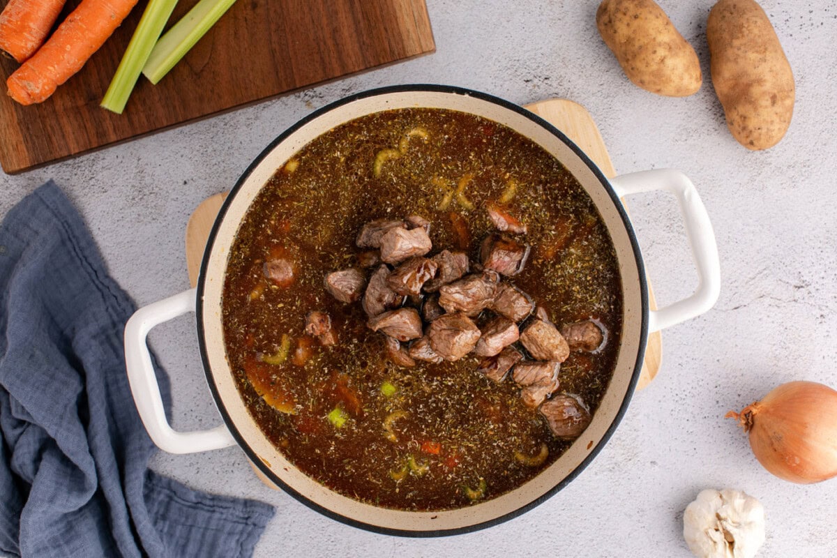 stew meat added to vegetable beef soup